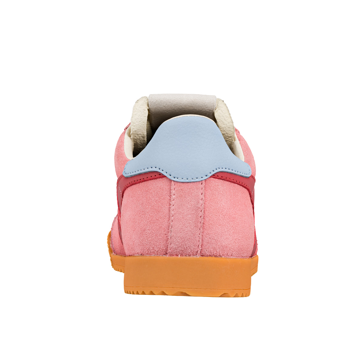 Rear view of a pink suede Gola Classics trainer with a light blue heel tab and orange rubber sole