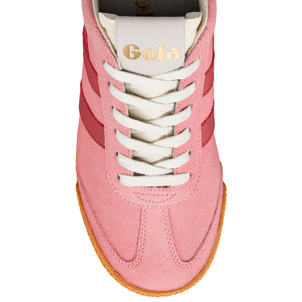 Top view of a pink suede Gola Classics trainer with white laces and a gum sole