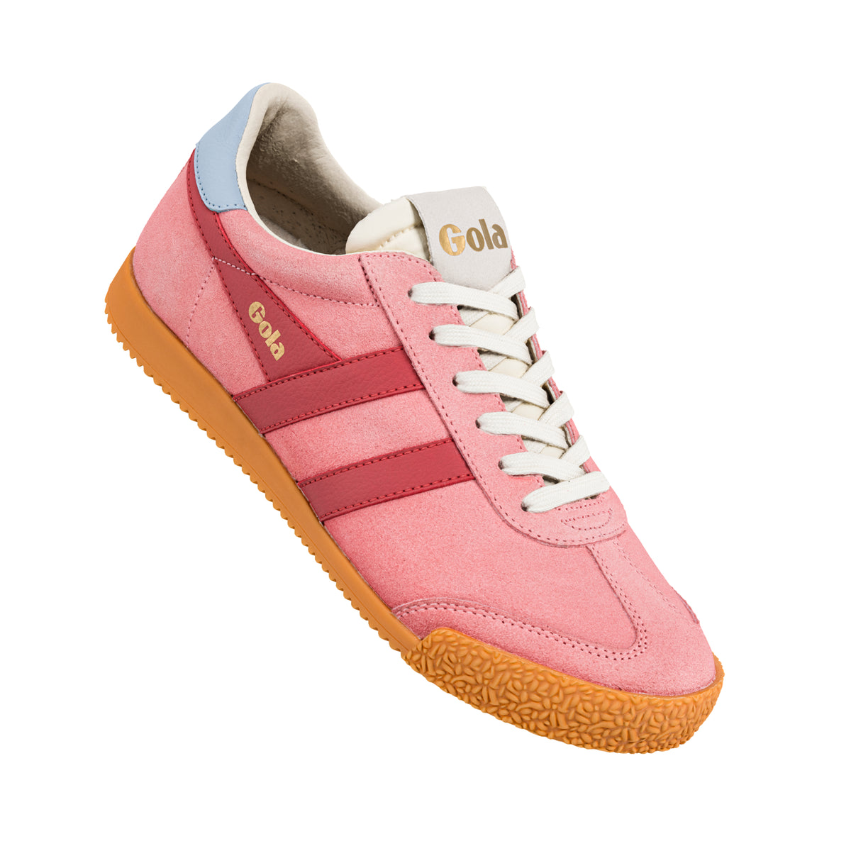 Gola Classics pink suede trainer with red side stripes and gum sole