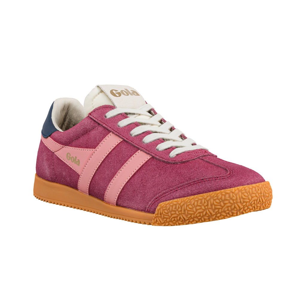 Pink suede Gola trainer with white laces and a gum rubber sole