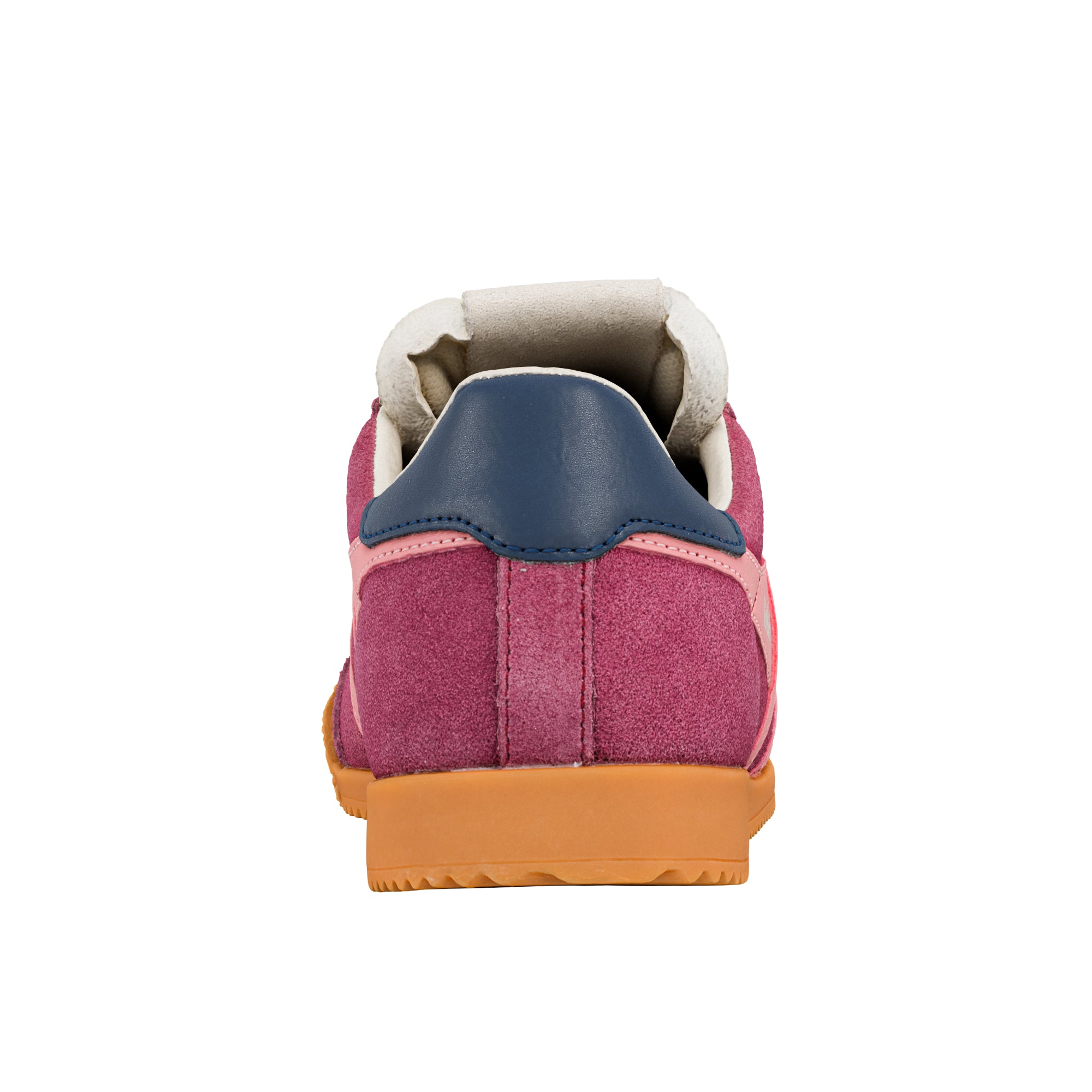 Rear view of a maroon suede trainer with a navy blue heel tab and a gum rubber sole