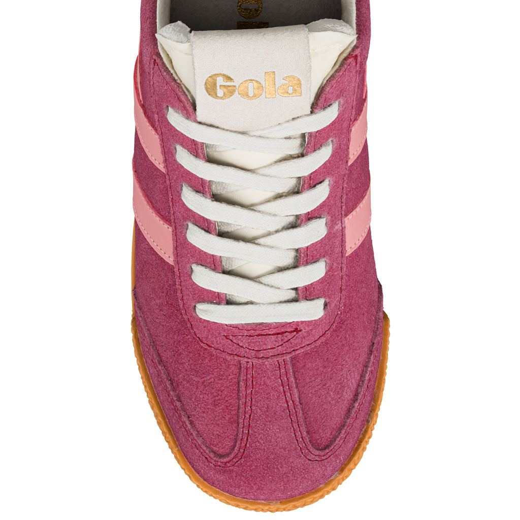 Top view of a pink suede Gola trainer with white laces and a gum sole