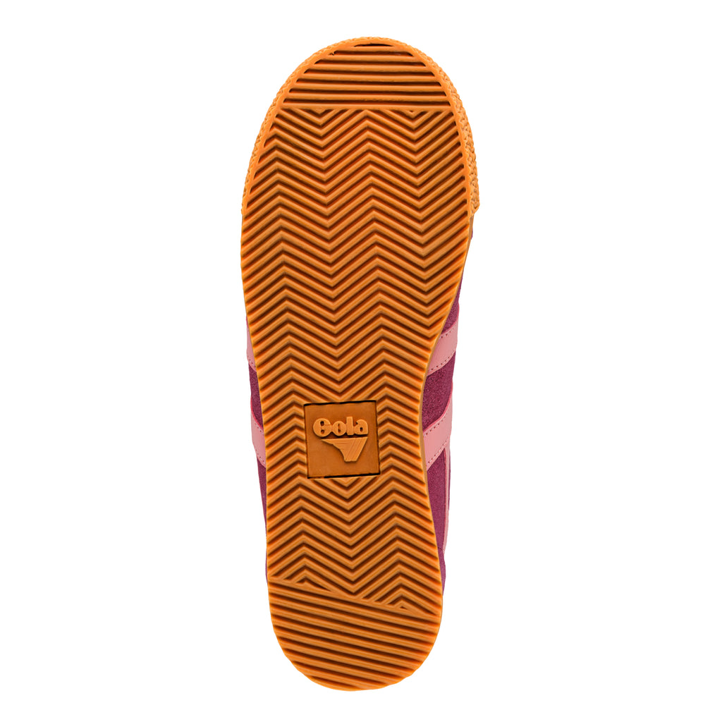 Gum rubber trainer sole with chevron tread pattern and Gola logo