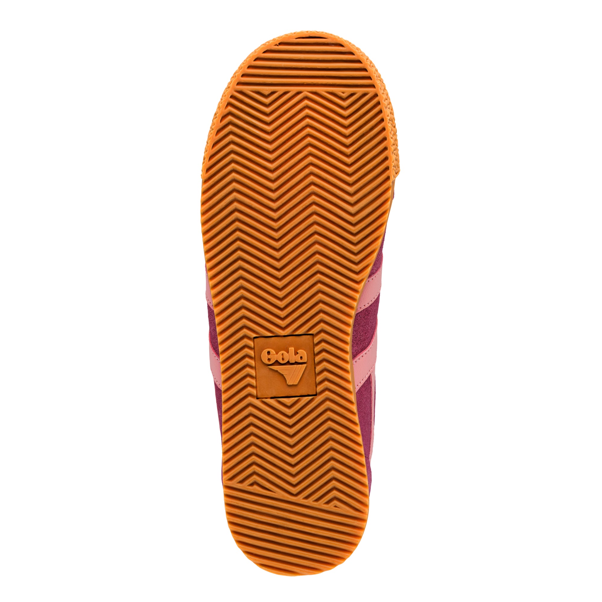 Gum rubber trainer sole with chevron tread pattern and Gola logo