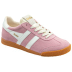Pink trainer with white laces and sole on a white background