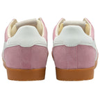 Pair of pink trainers with white soles and brown soles on a white background