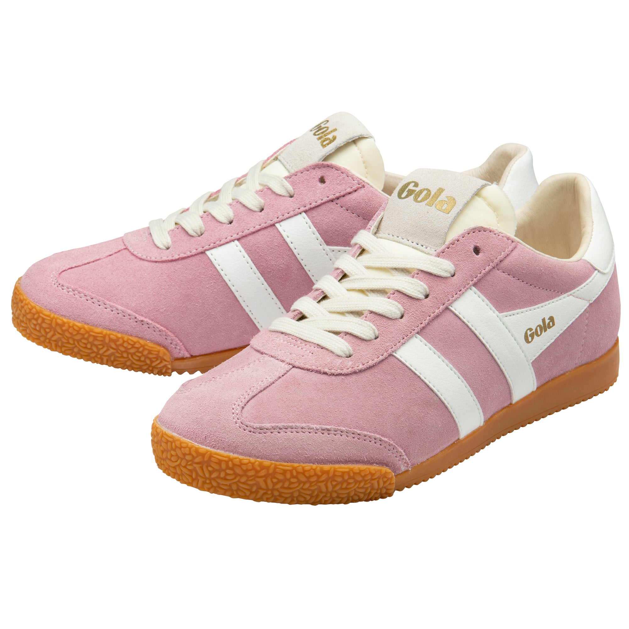 Pink trainers with white stripes and brown soles on a white background