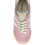 Pink trainer with white laces on a white background