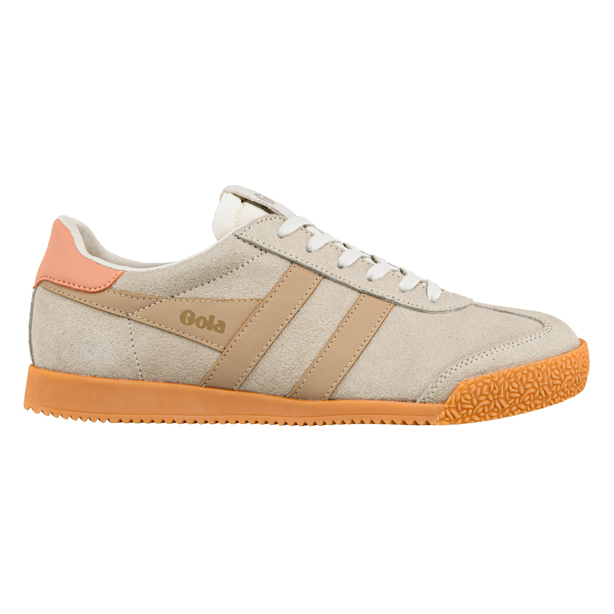 Beige suede Gola trainer with white laces and orange gum sole