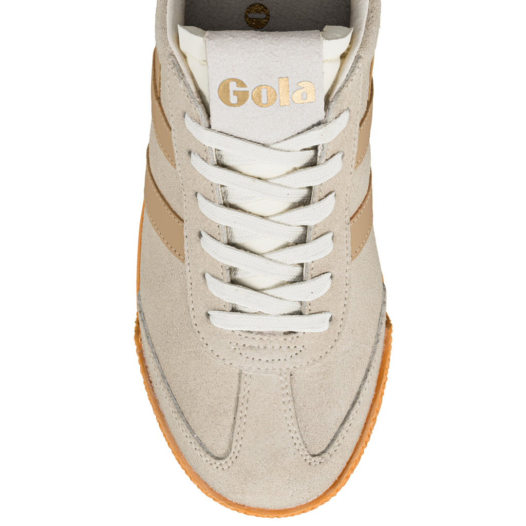 Top view of a beige suede Gola trainer with white laces and a gum sole