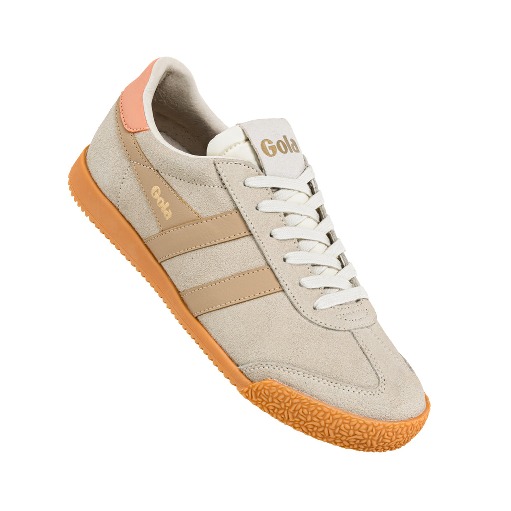 Gola beige suede trainer with tan stripes and gum sole