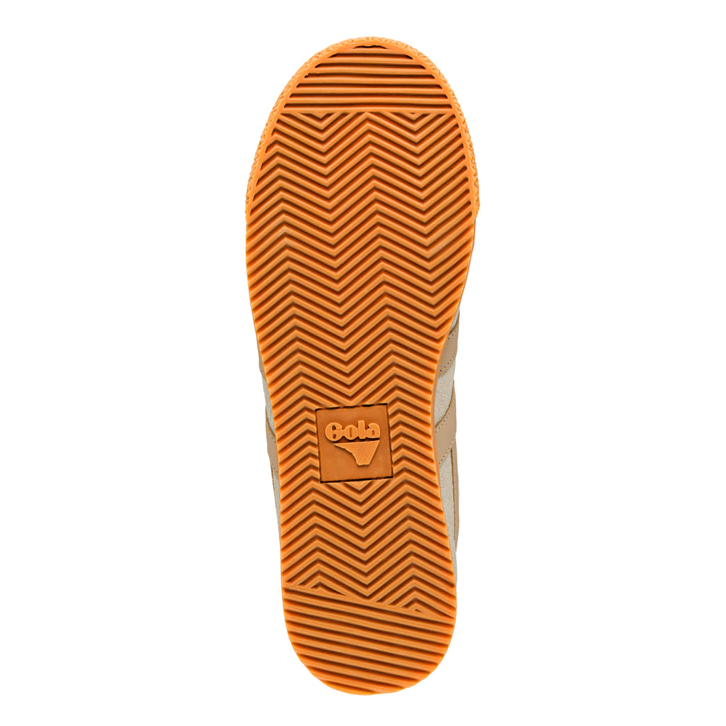 Tan rubber trainer sole with chevron tread pattern and Gola logo