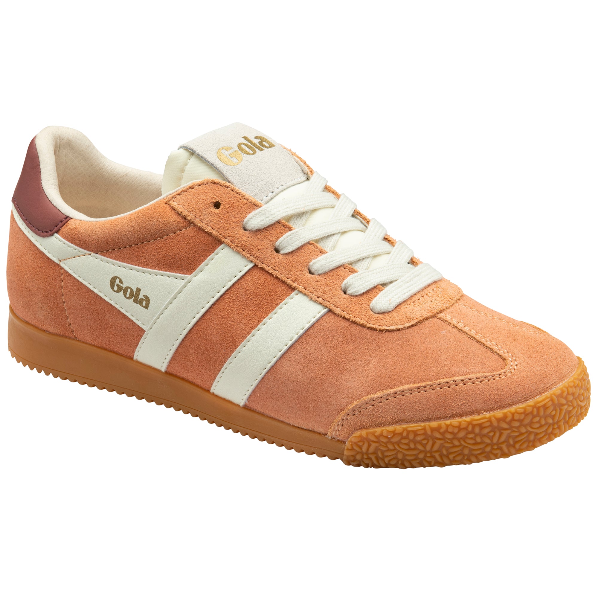 Brown trainer with white accents on a white background