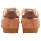 Brown and beige trainers with a gum sole on a white background