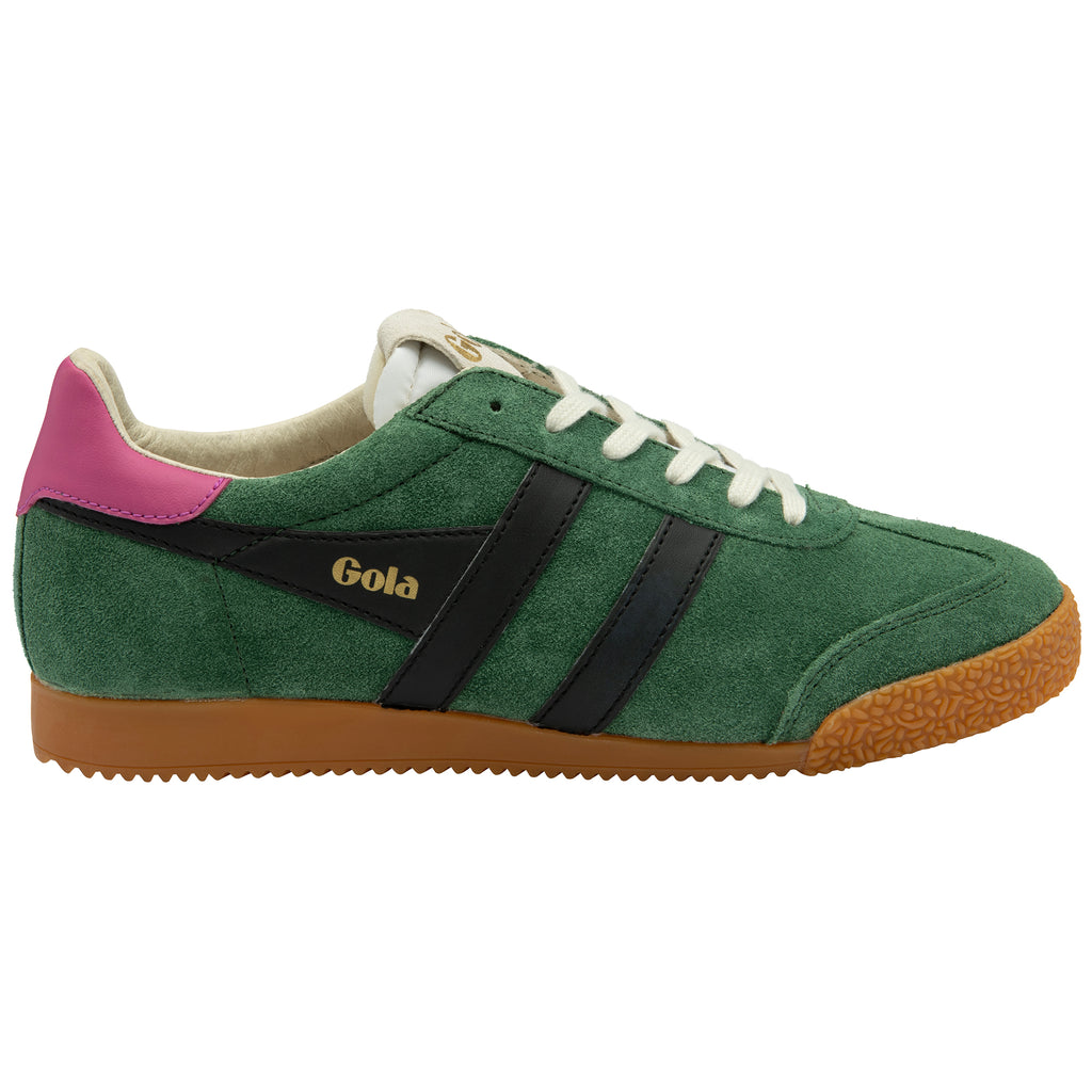 Green trainer with black stripes and pink heel on a white background