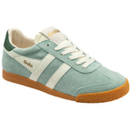 Green trainer with white accents on a white background
