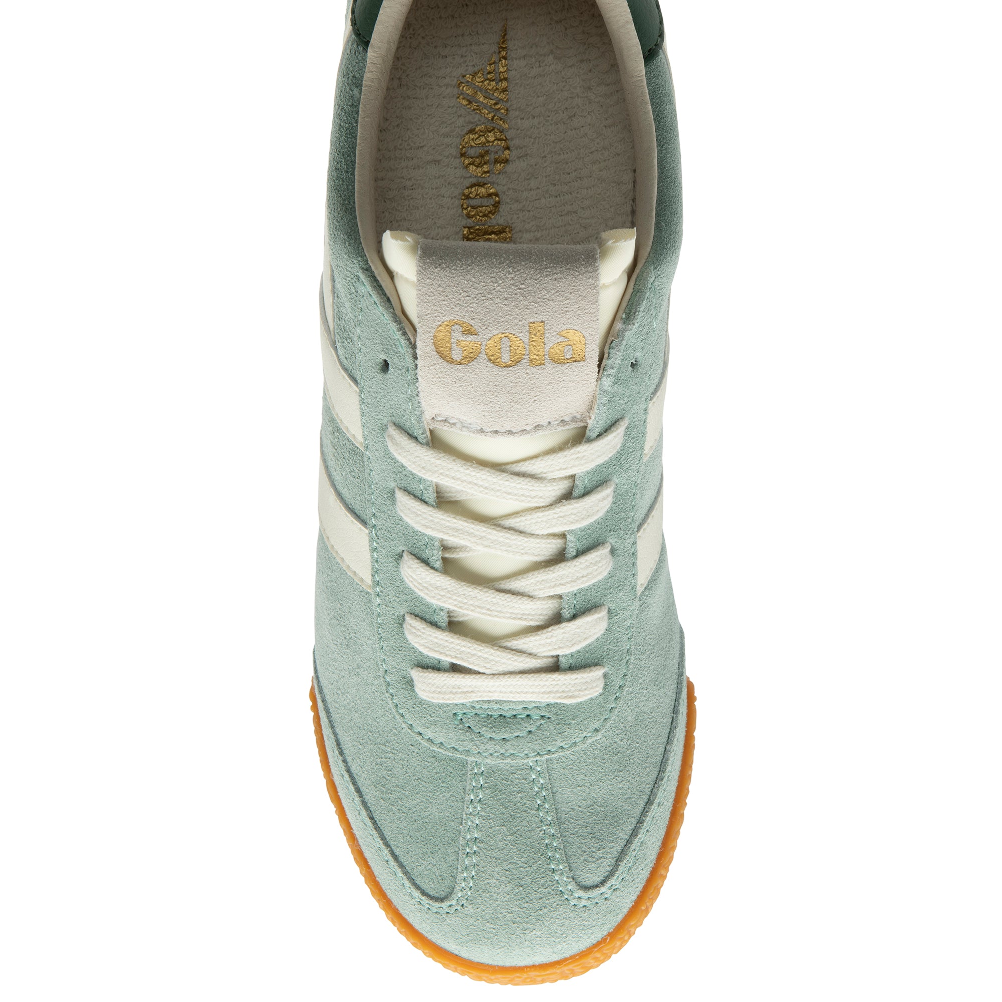 Green trainer with white laces on a white background