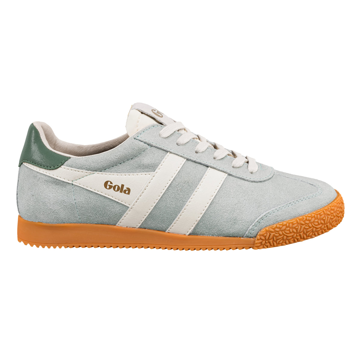 Gola Classics Harrier suede trainer in light blue with white stripes and gum sole