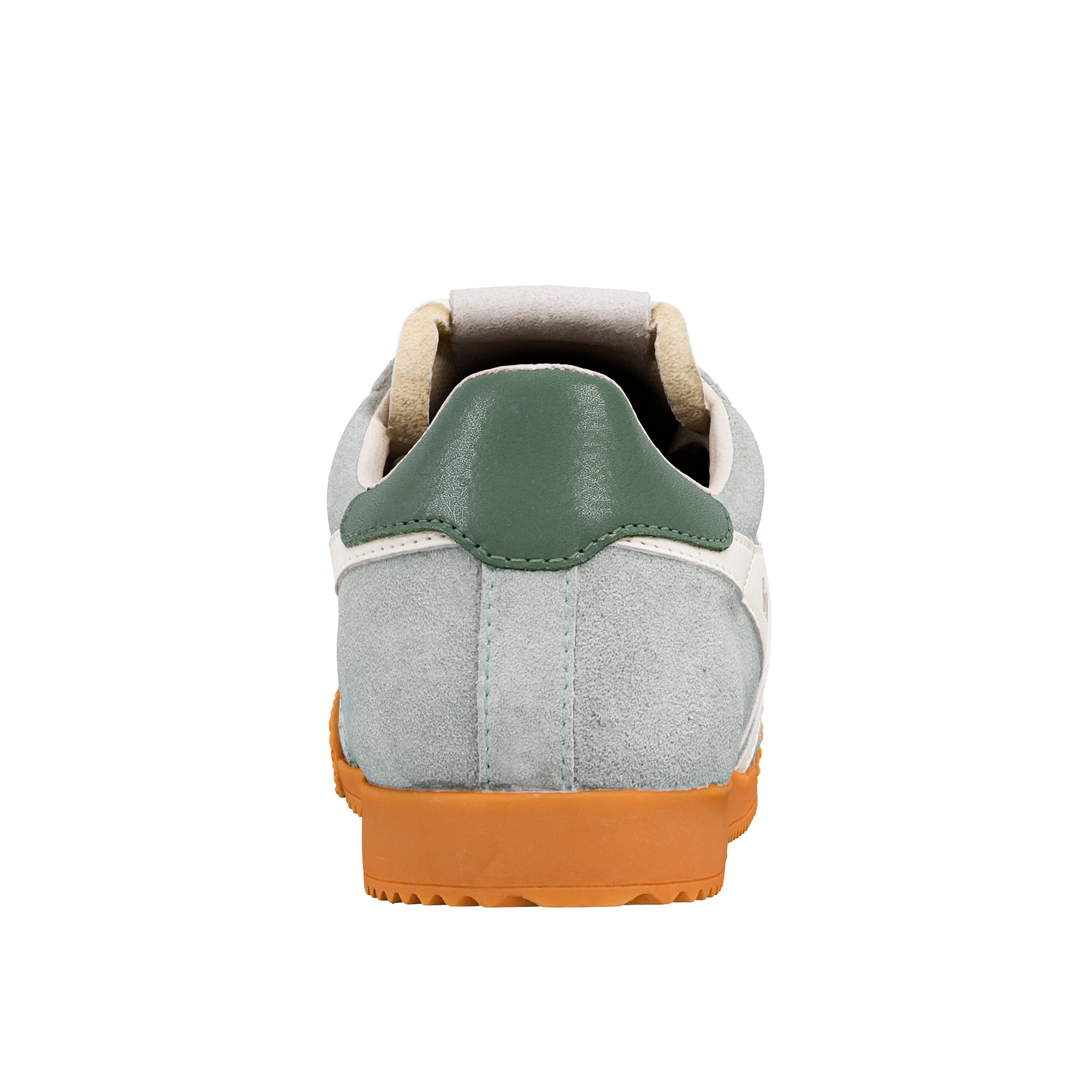 Rear view of a light grey suede trainer with a green heel tab and orange rubber sole