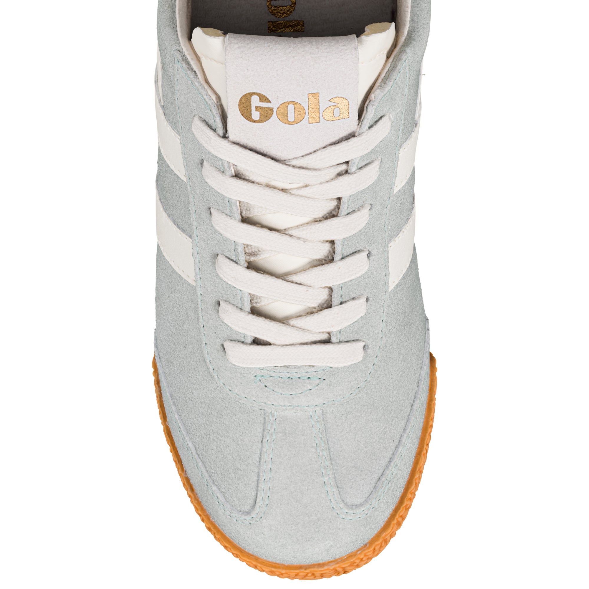 Light blue suede Gola trainer with white laces and gum sole