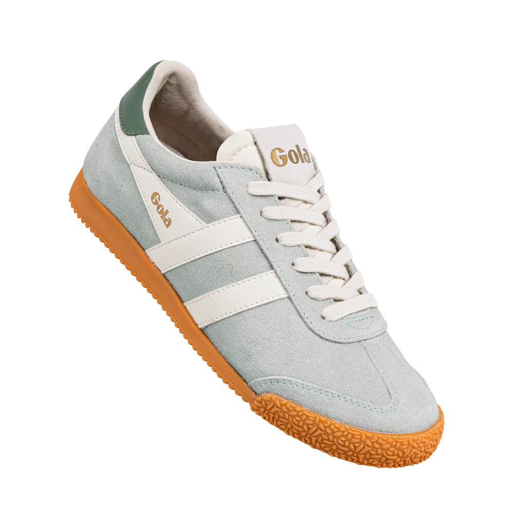 Light blue suede Gola trainer with white side stripes and a gum rubber sole