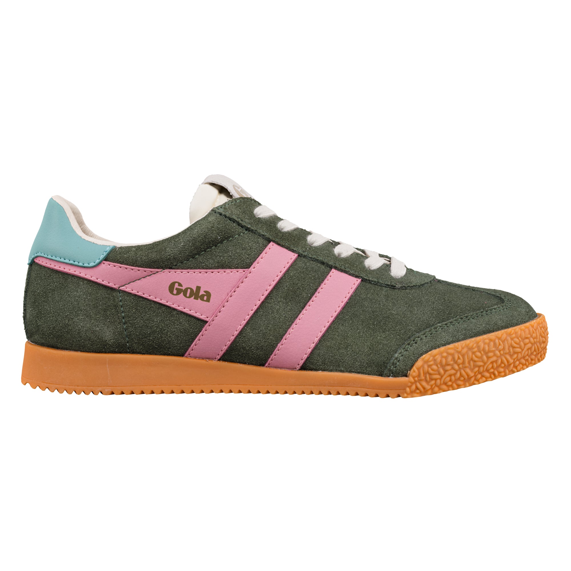 Dark green suede Gola trainer with pink side stripes and gum rubber sole