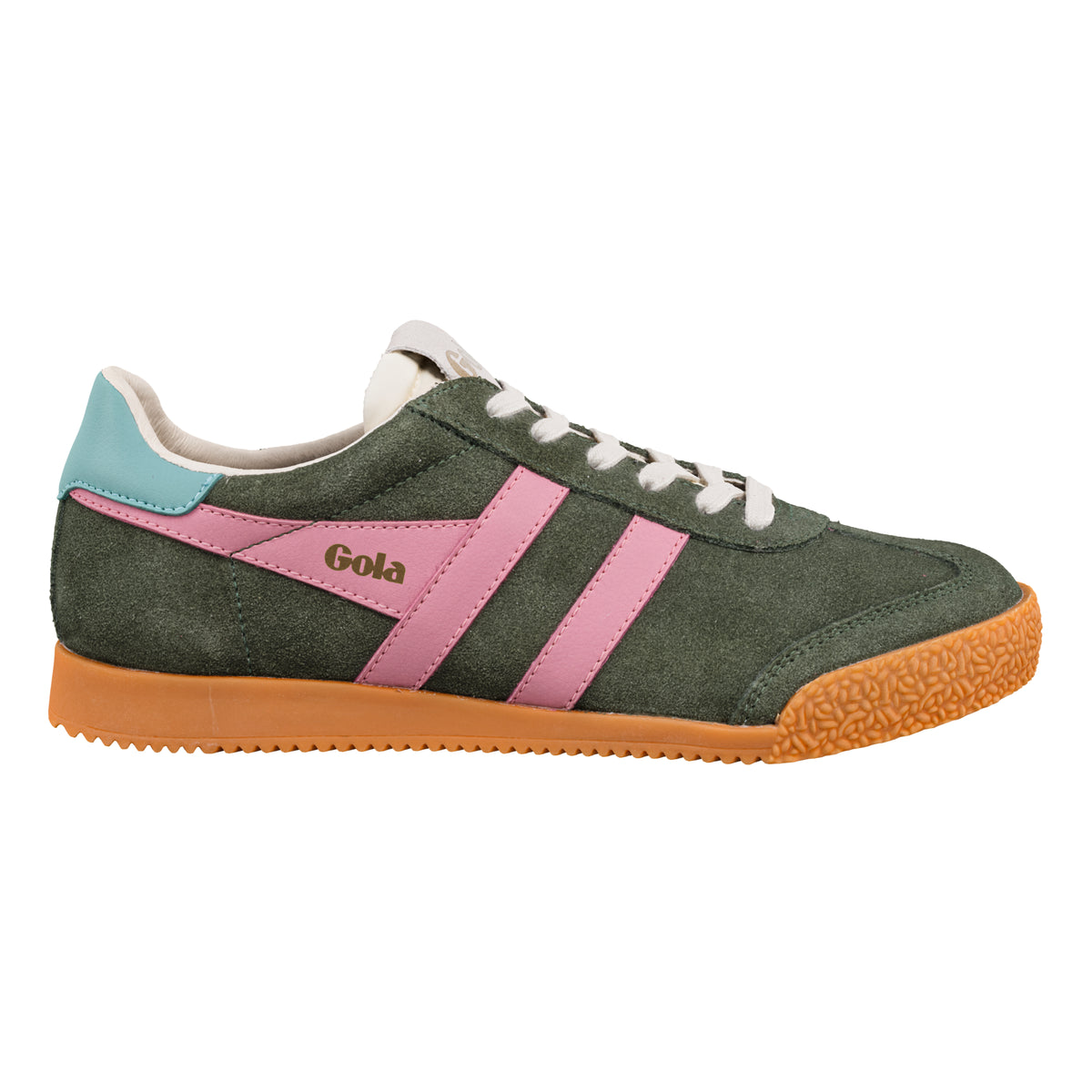 Gola Classics green suede trainer with pink side stripes and gum sole