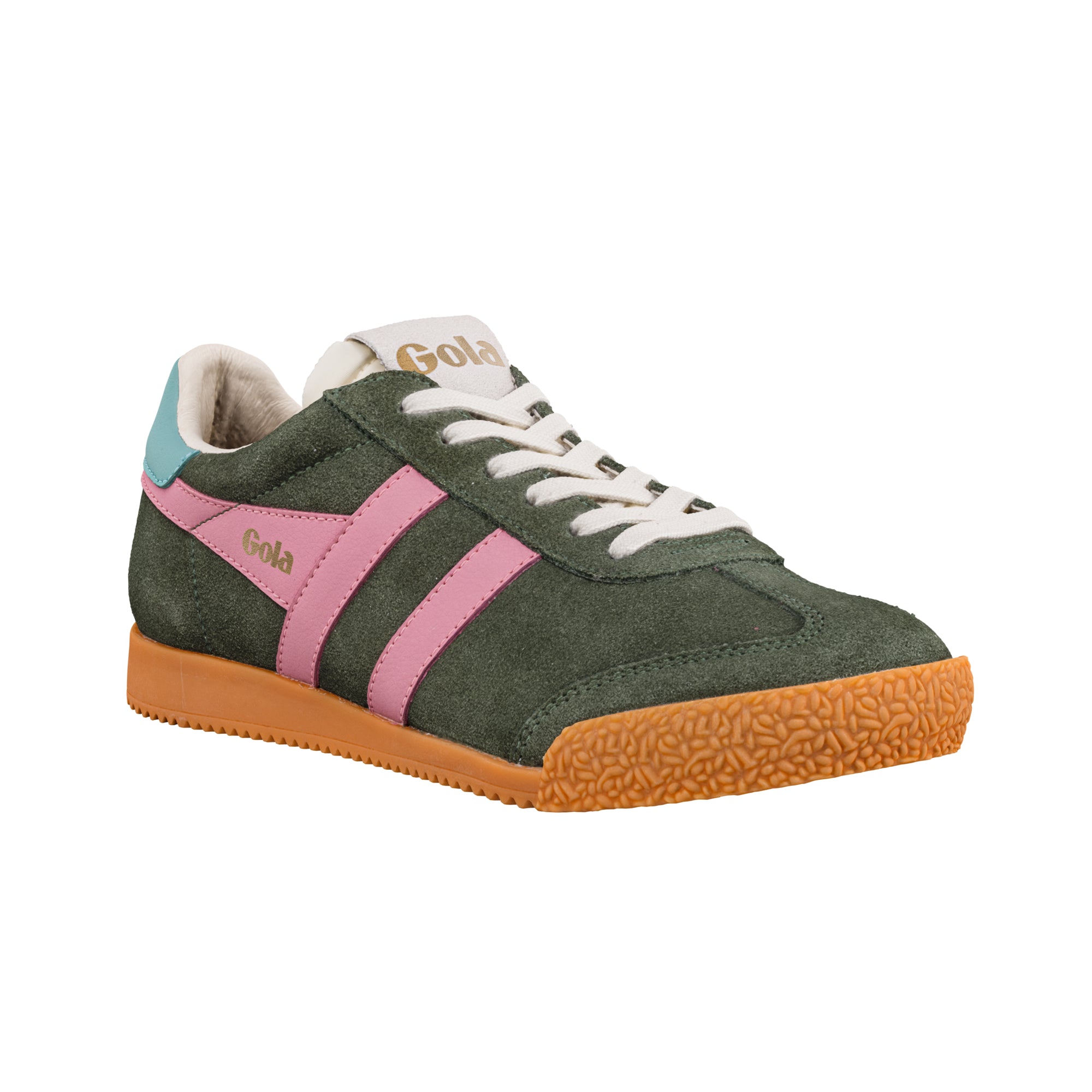 Dark green suede Gola trainer with pink side stripes and a gum sole