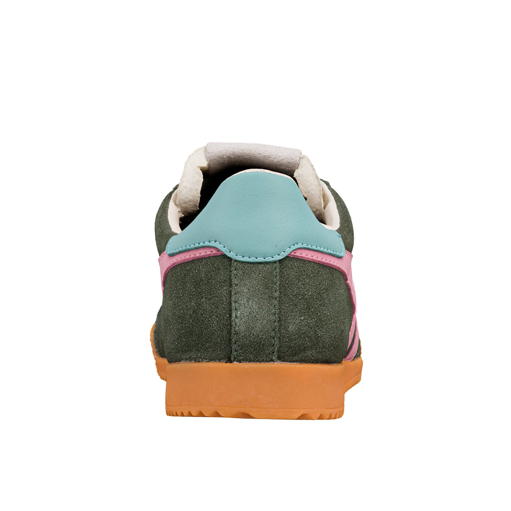 Rear view of a dark green suede trainer with a light blue heel tab and orange rubber sole