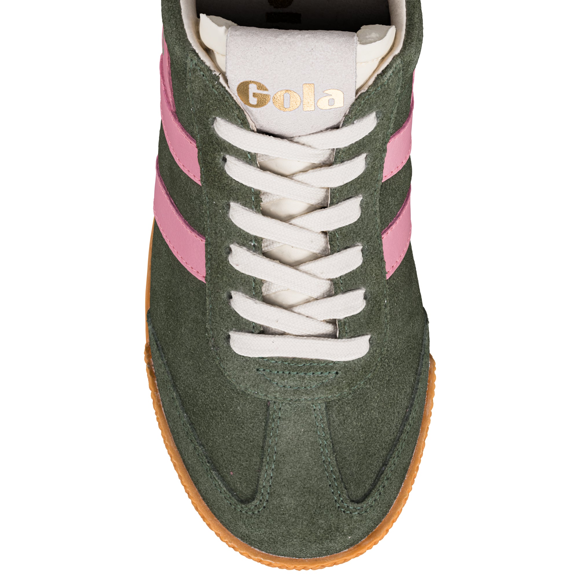 Dark green suede Gola trainer with pink side stripes and gum sole