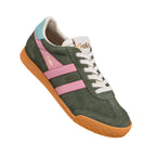 Gola suede trainer in olive green with pink stripes and gum sole