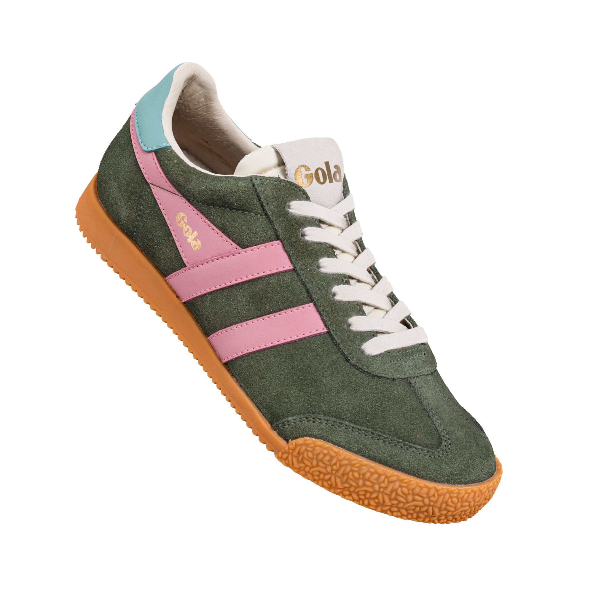 Gola suede trainer in olive green with pink stripes and gum sole