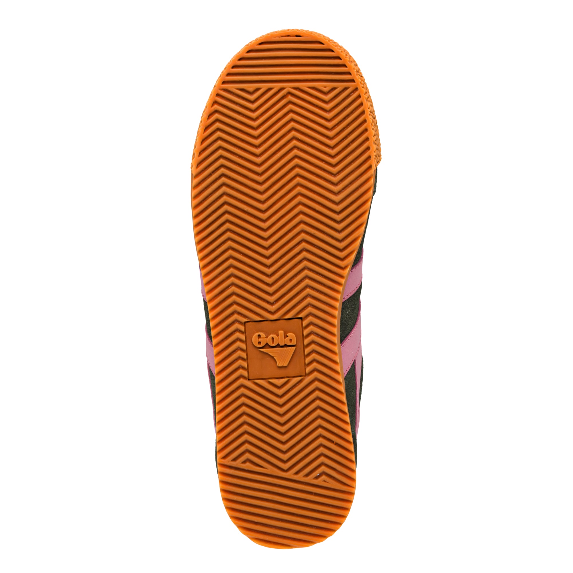 Orange herringbone patterned rubber sole of a Gola trainer