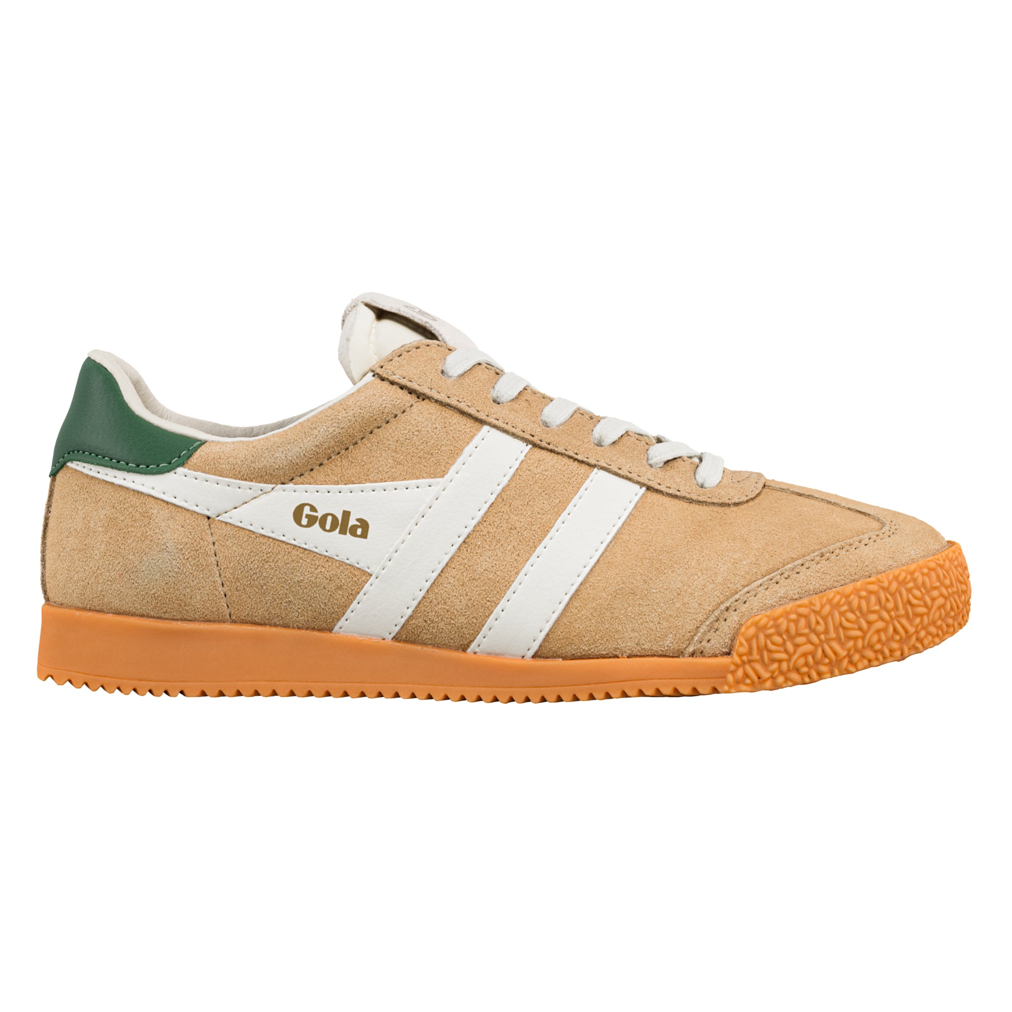 Tan suede Gola trainer with white side stripes and a green heel tab on an orange rubber sole