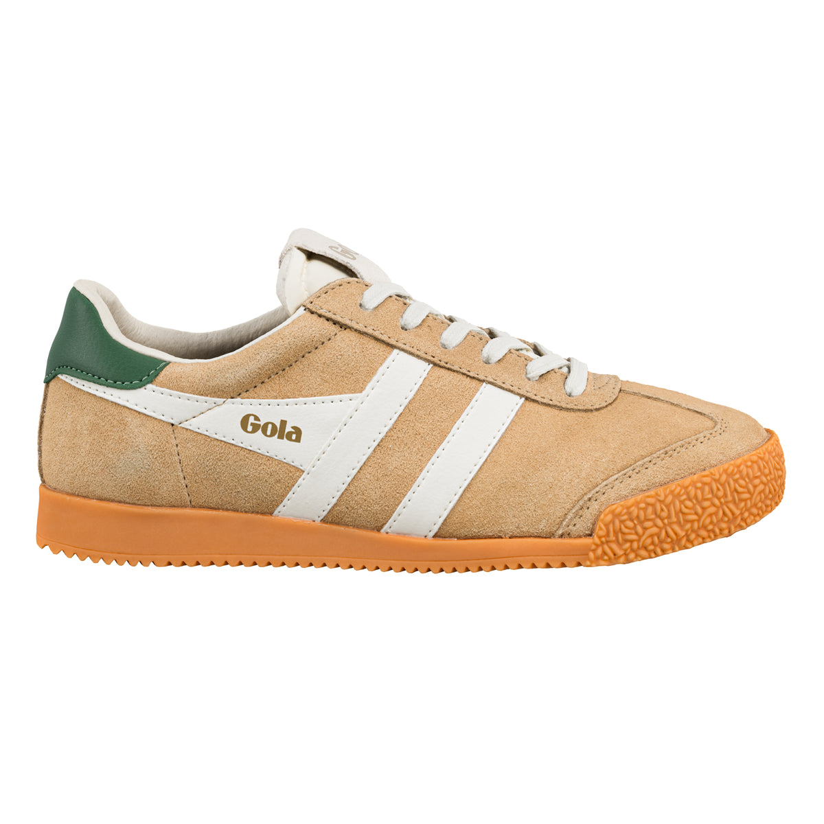 Gola Classics tan suede trainer with white side stripes and green heel tab