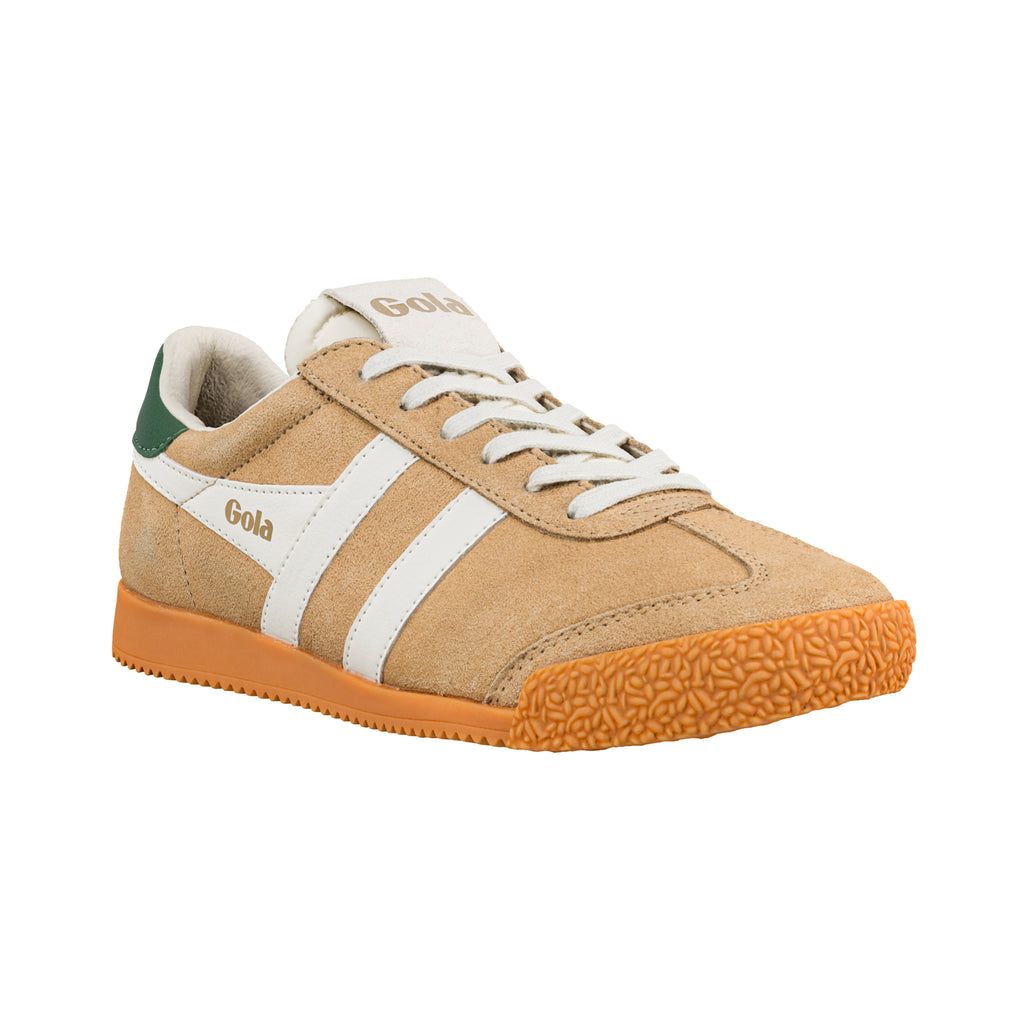 Tan suede Gola trainer with white side stripes and a gum rubber sole