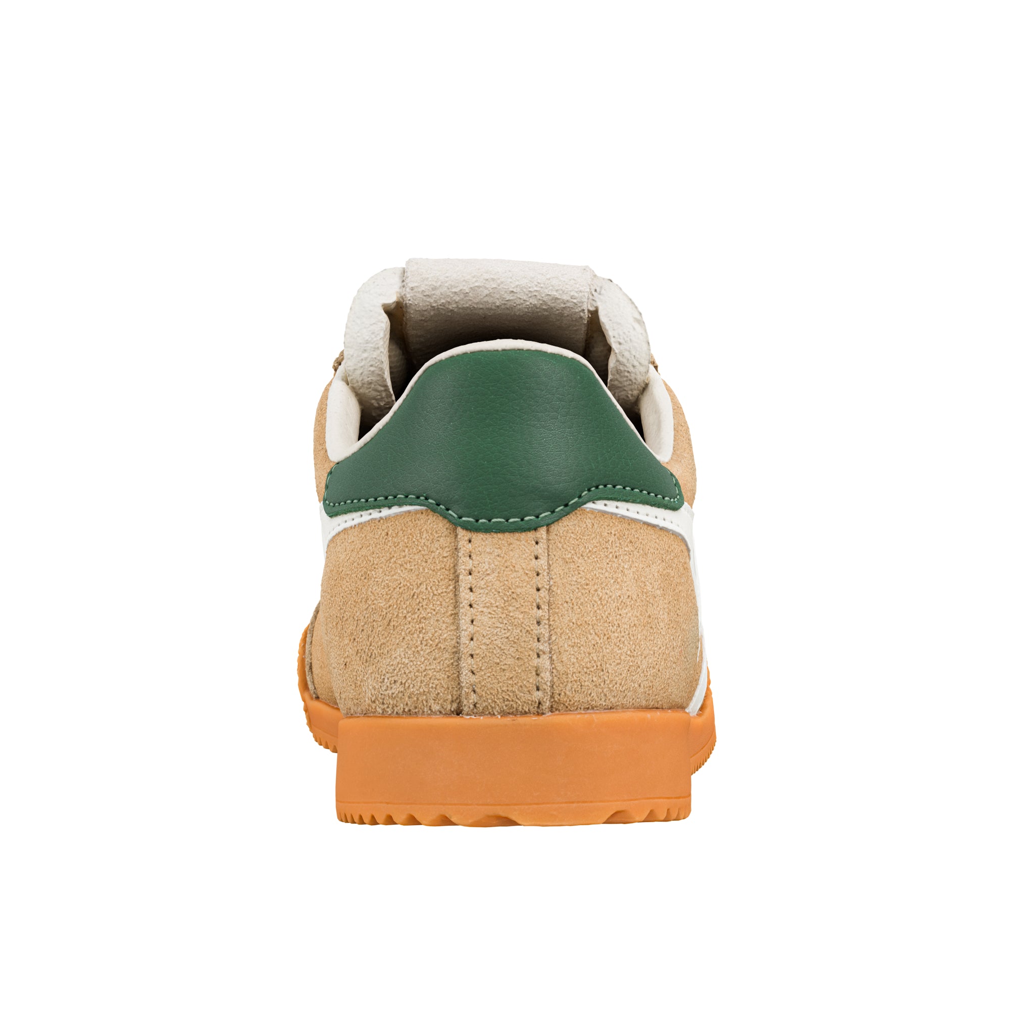 Rear view of a tan suede trainer with a green heel tab and orange rubber sole