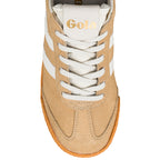 Tan suede Gola trainer with white laces and gum sole