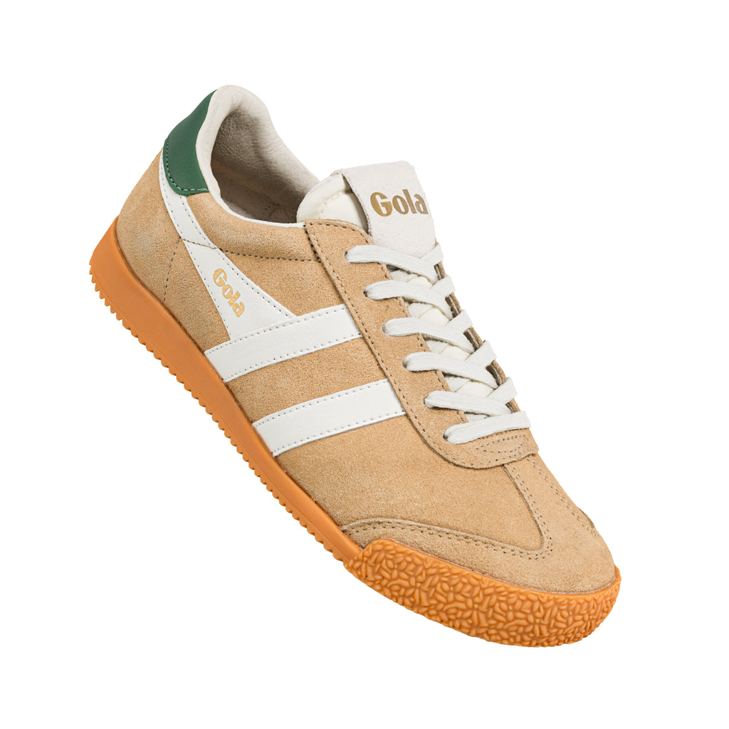 Tan suede Gola trainer with white stripes and green heel tab
