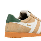 Close up of the heel and side of a tan suede Gola trainer with white stripes and a green heel tab