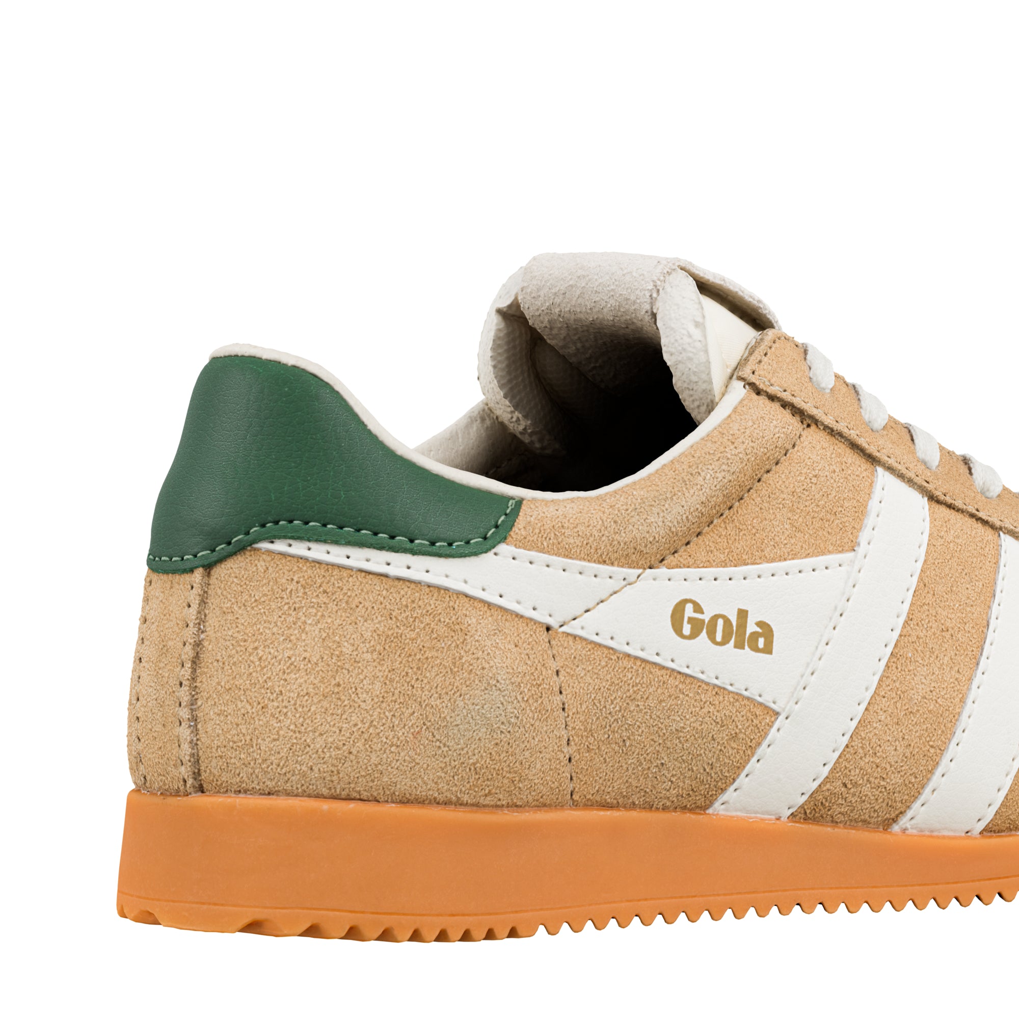 Close up of the heel and side of a tan suede Gola trainer with white stripes and a green heel tab