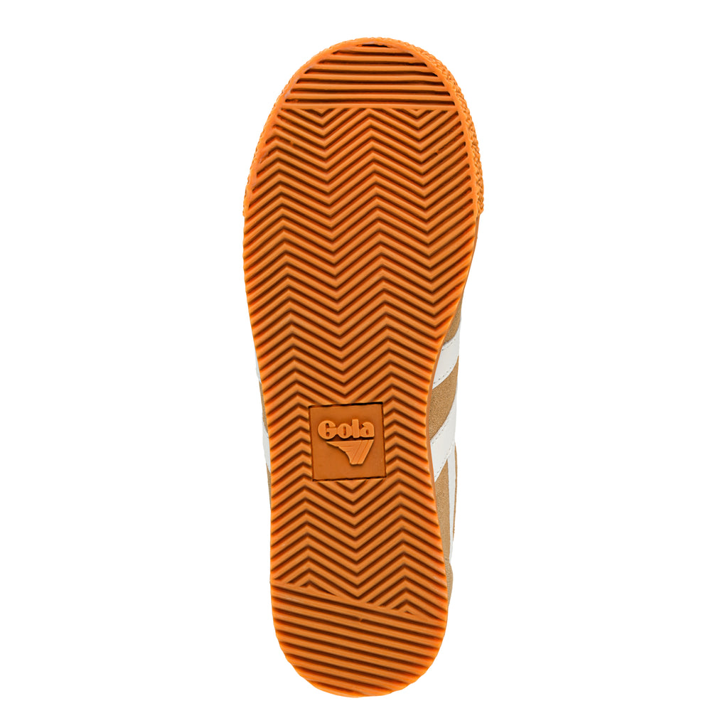 Orange rubber trainer sole with chevron tread pattern and Gola branding
