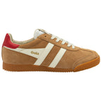 Brown trainer with red heel and white stripes on a white background