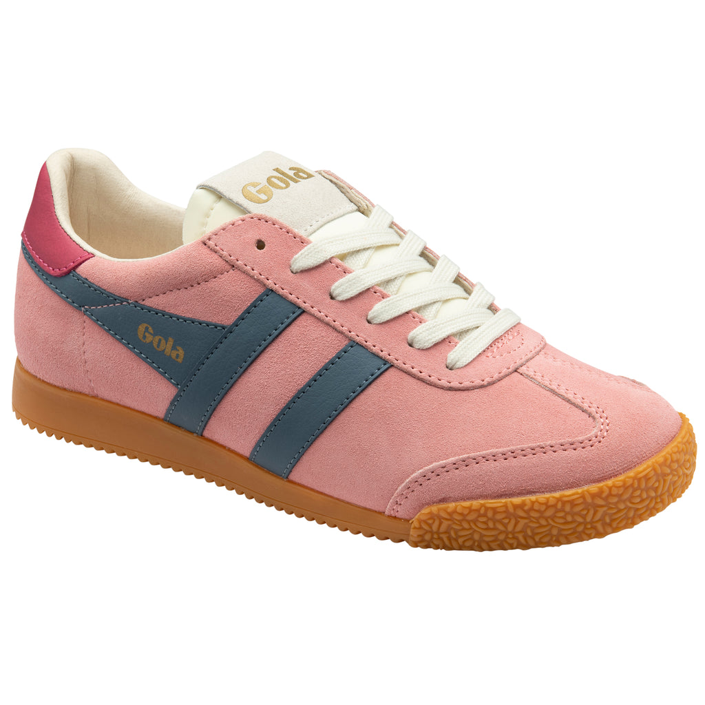 Pink trainer with a blue stripe and gum sole on a white background