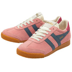 Pink trainers with blue stripes and white laces on a white background