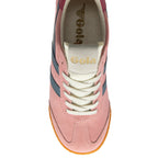 Pink trainer with white laces and blue stripes on a white background