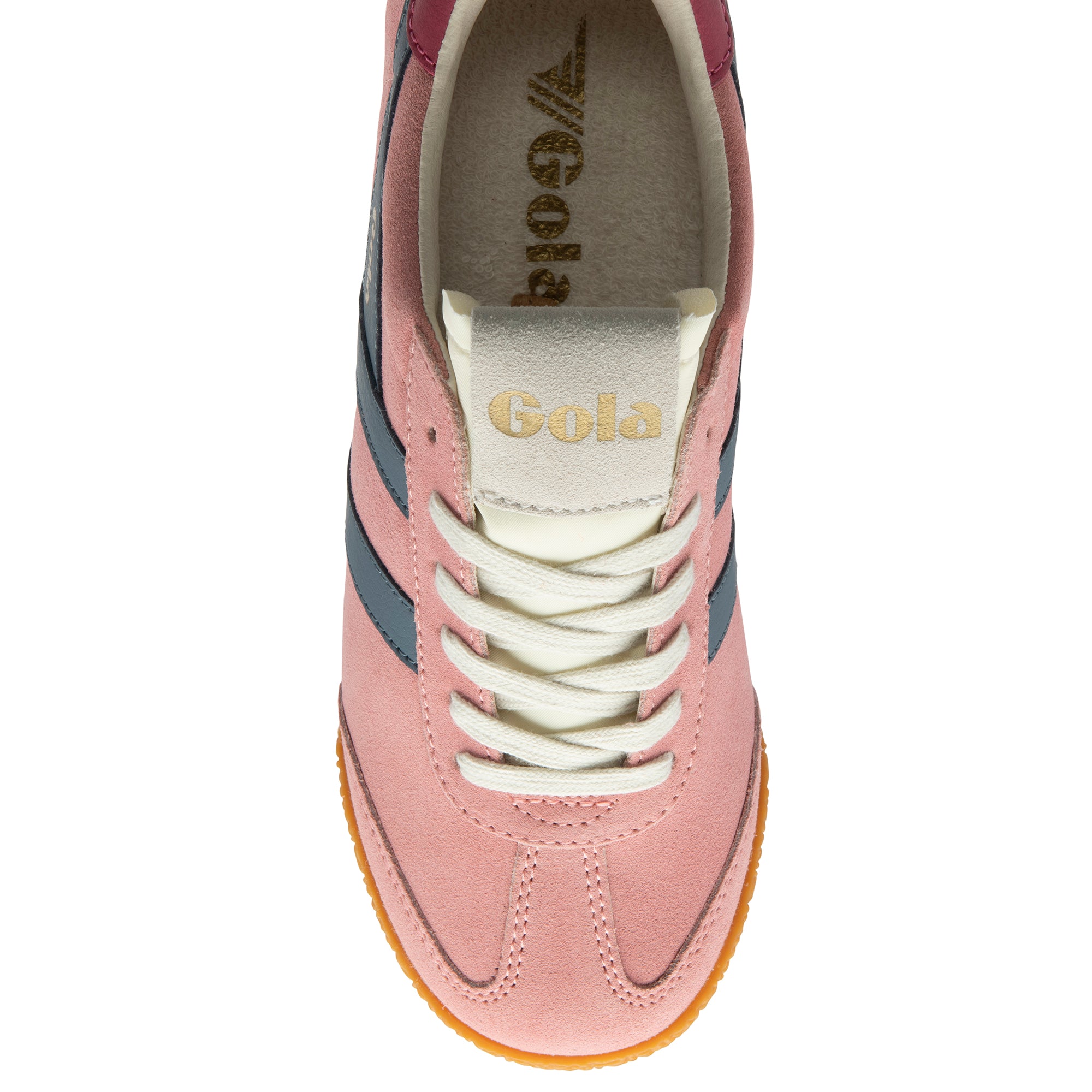 Pink trainer with white laces and blue stripes on a white background