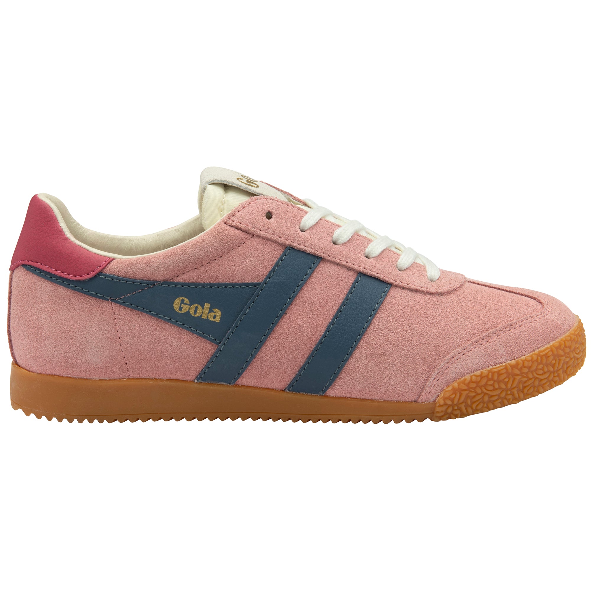 Pink trainer with blue stripes and 'Gola' branding on a white background