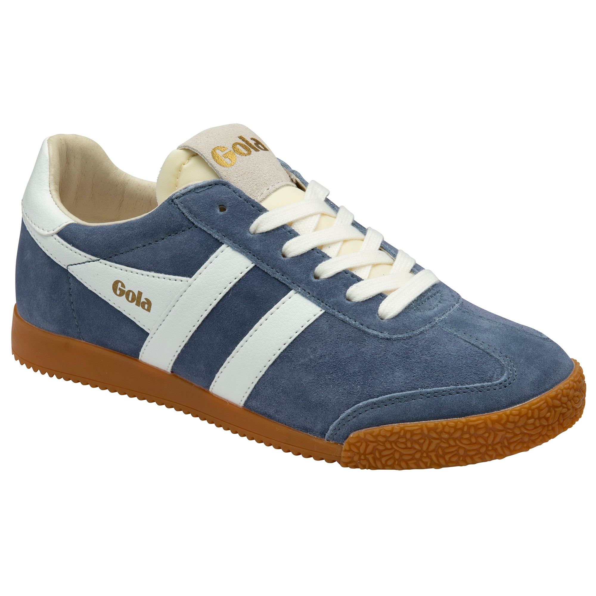Blue trainer with white accents and laces on a white background