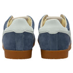 Pair of blue trainers with white accents and brown soles on a white background